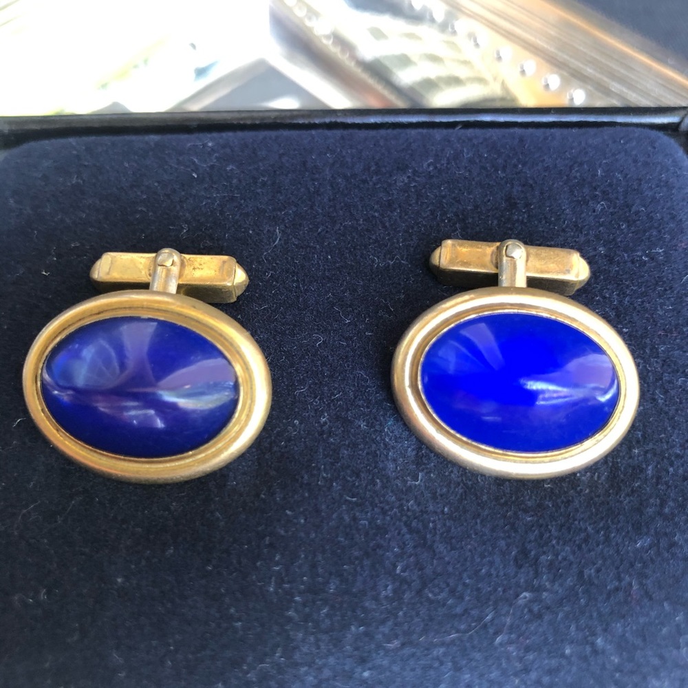Gold tone and Blue stone Oval Cuff Links